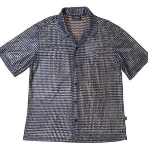Vintage Pop Icon Metallic Silver Knit Button Down Shirt Mesh Y2K Cyber S/M